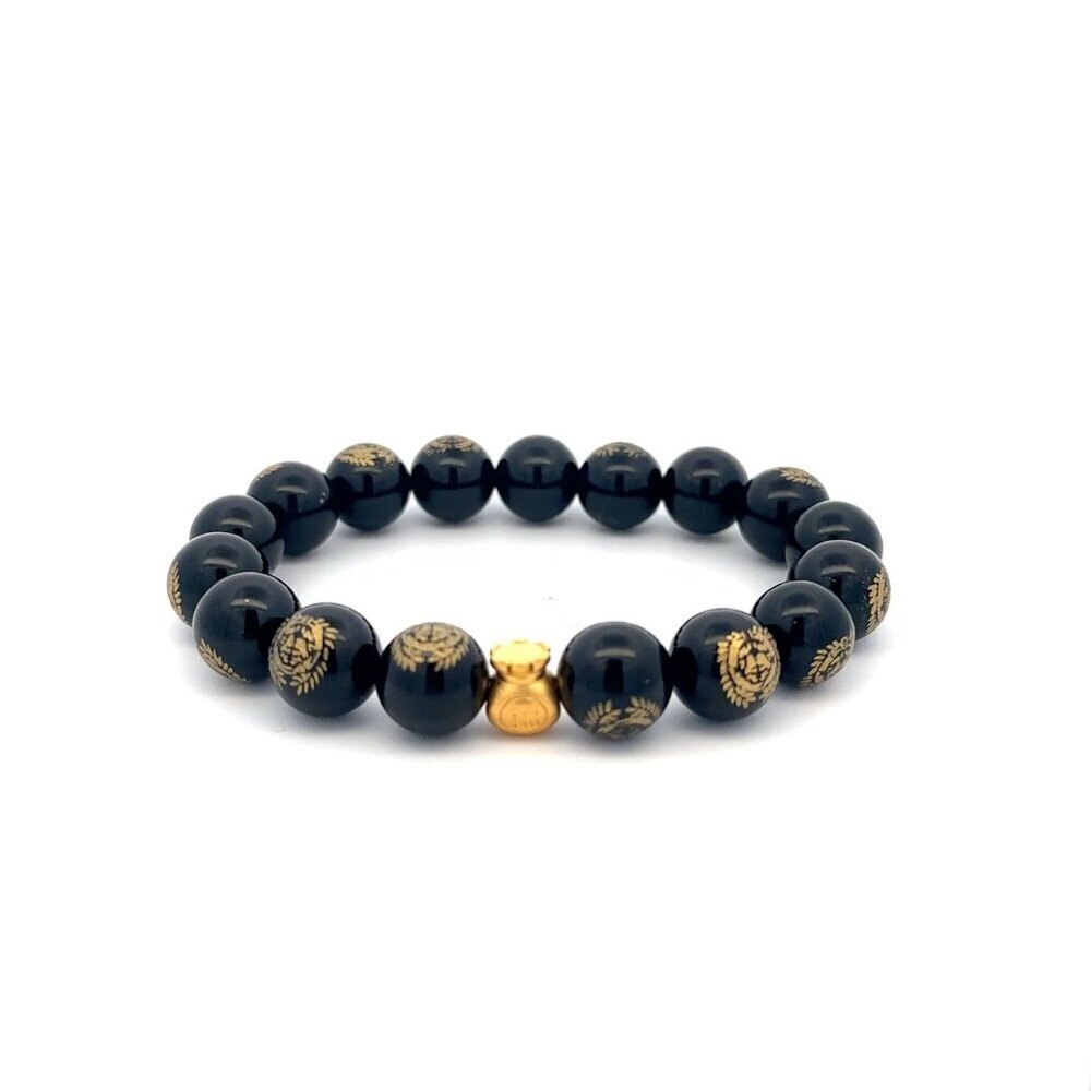 24K Yellow Gold Money Bag Lucky Bracelet Carved Black Agate Gemstones 10mm